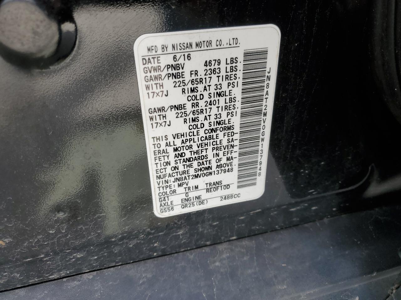 JN8AT2MV0GW137948 NISSAN ROGUE 2016