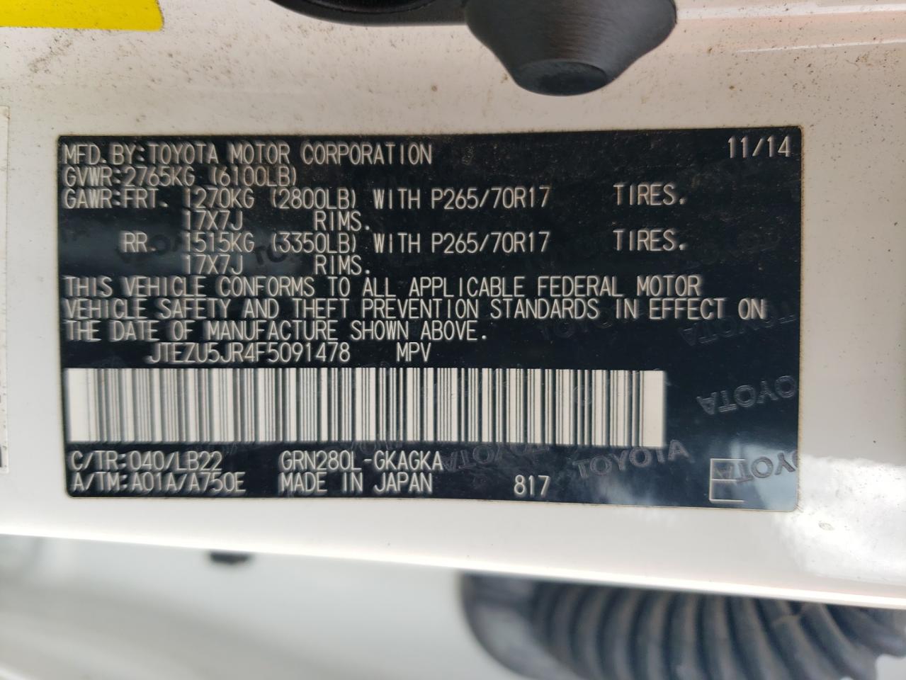 JTEZU5JR4F5091478 2015 Toyota 4Runner Sr5