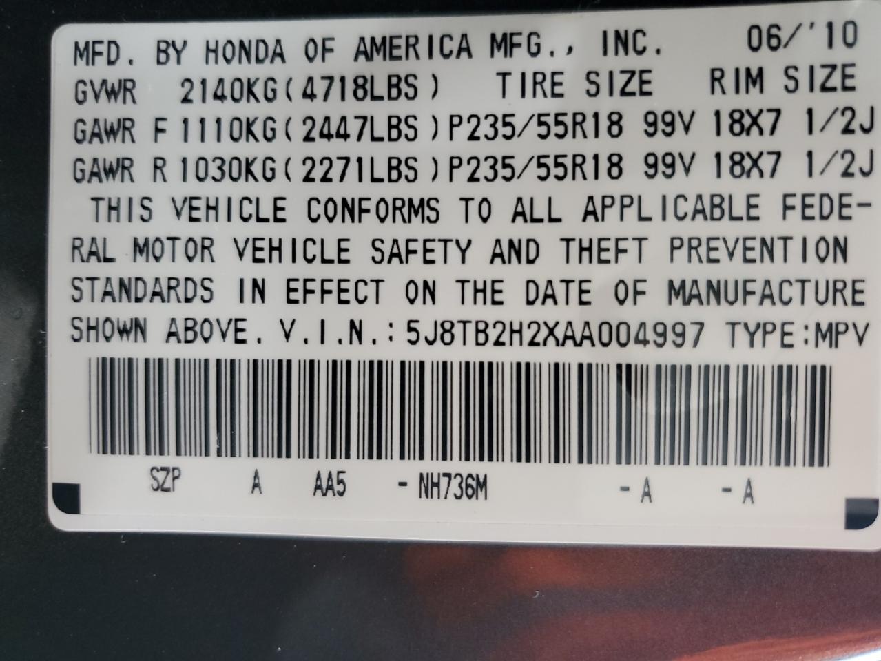 5J8TB2H2XAA004997 2010 Acura Rdx