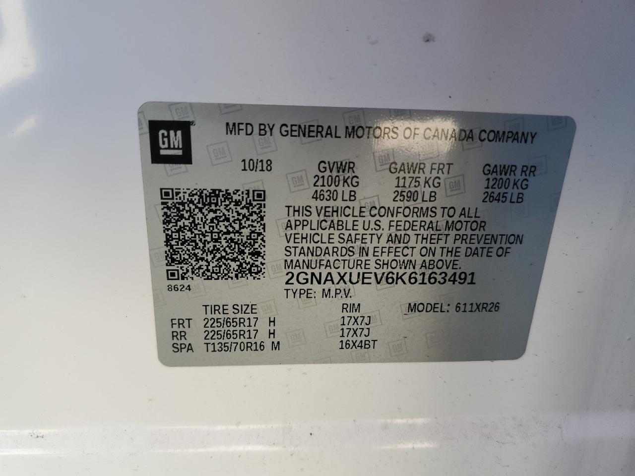 2GNAXUEV6K6163491 2019 Chevrolet Equinox Lt