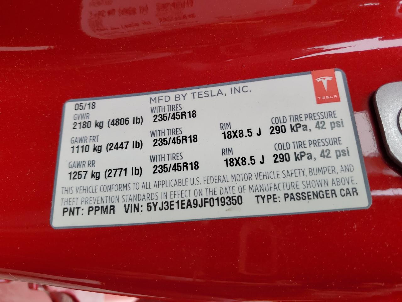 5YJ3E1EA9JF019350 2018 Tesla Model 3