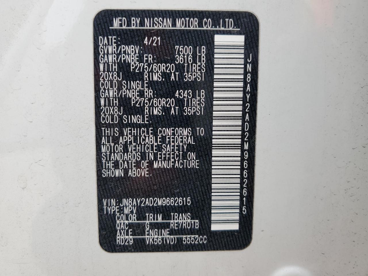 JN8AY2AD2M9662615 2021 Nissan Armada Sv