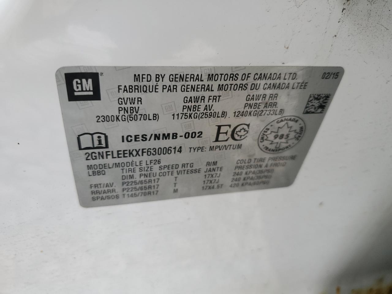 2GNFLEEKXF6300614 2015 Chevrolet Equinox Ls