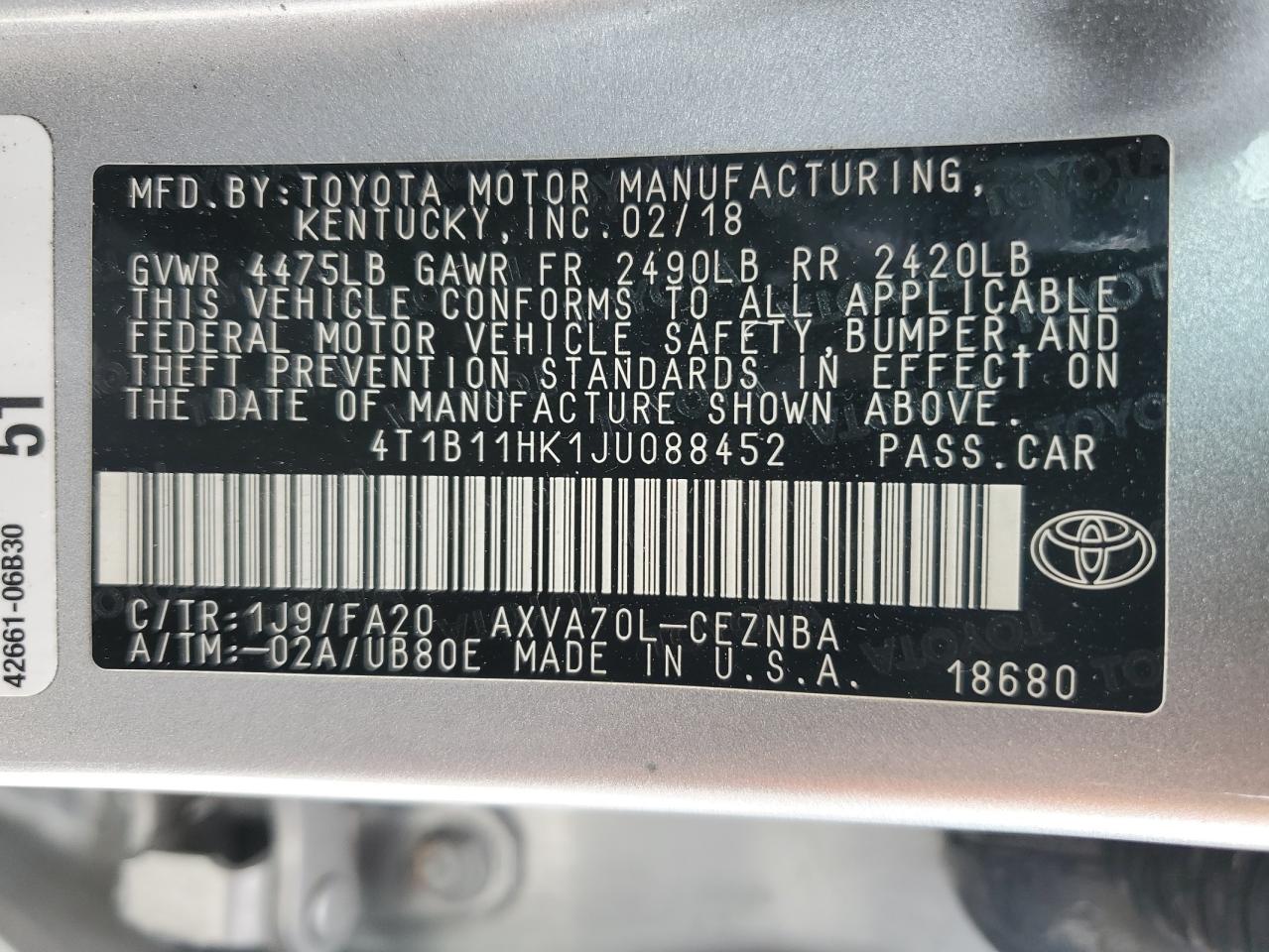 4T1B11HK1JU088452 2018 Toyota Camry L