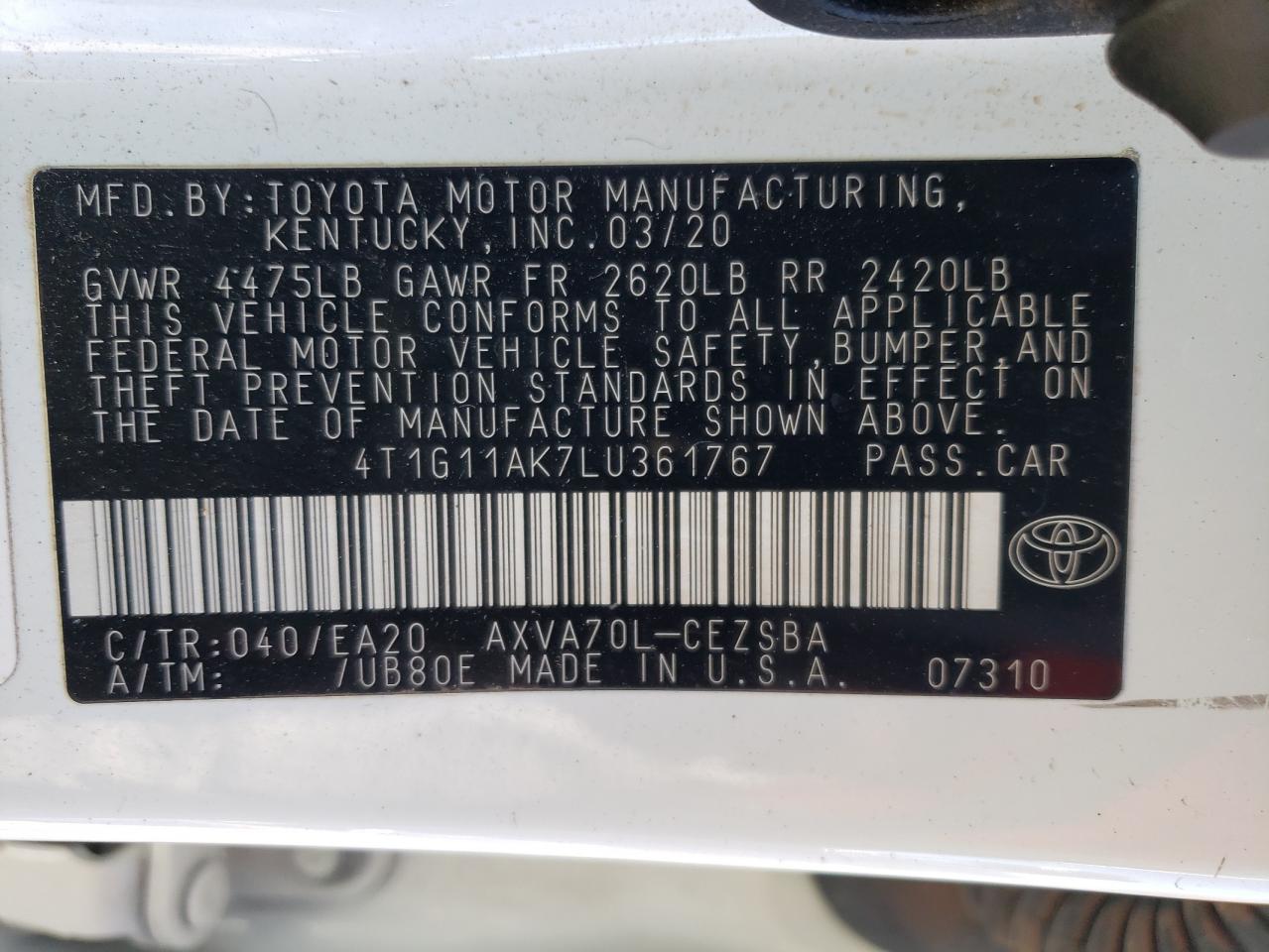 4T1G11AK7LU361767 2020 Toyota Camry Se