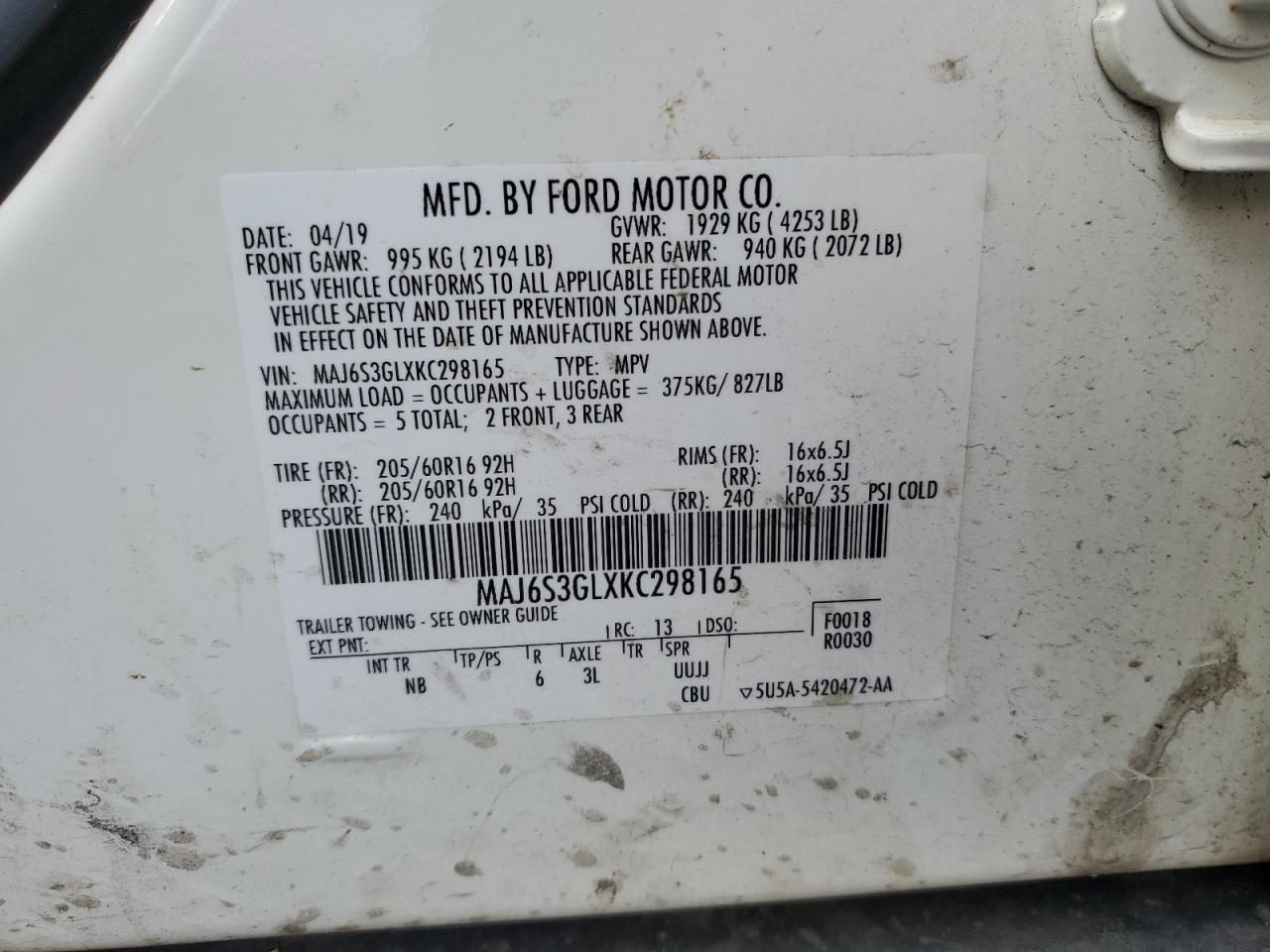 MAJ6S3GLXKC298165 2019 Ford Ecosport Se