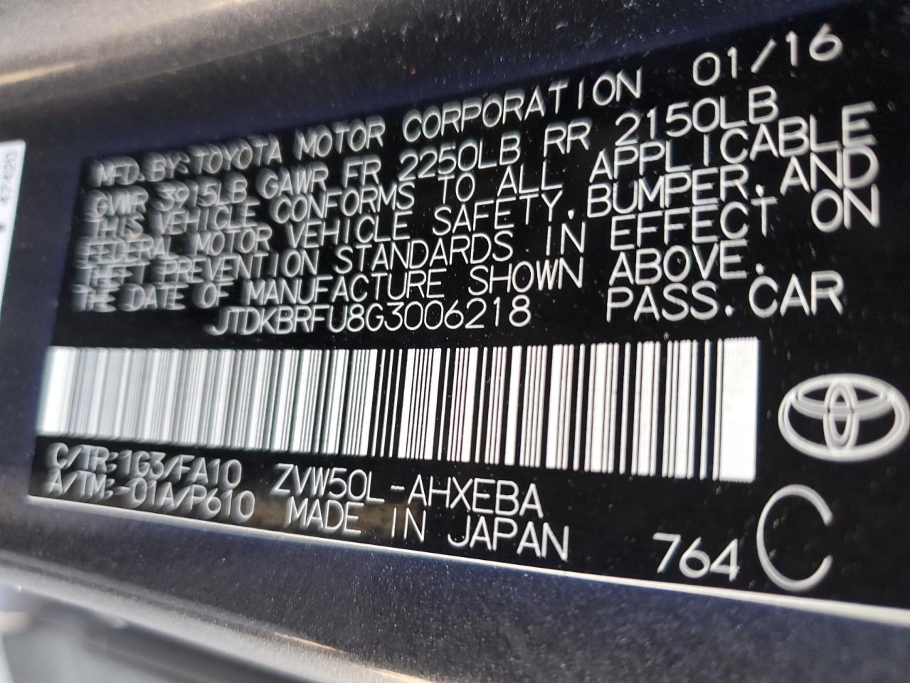 JTDKBRFU8G3006218 2016 Toyota Prius