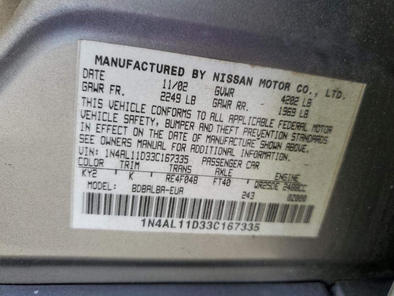 1N4AL11D33C167335 2003 Nissan Altima Base