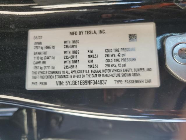 2022 Tesla Model 3 VIN: 5YJ3E1EB9NF344837 Lot: 52901694