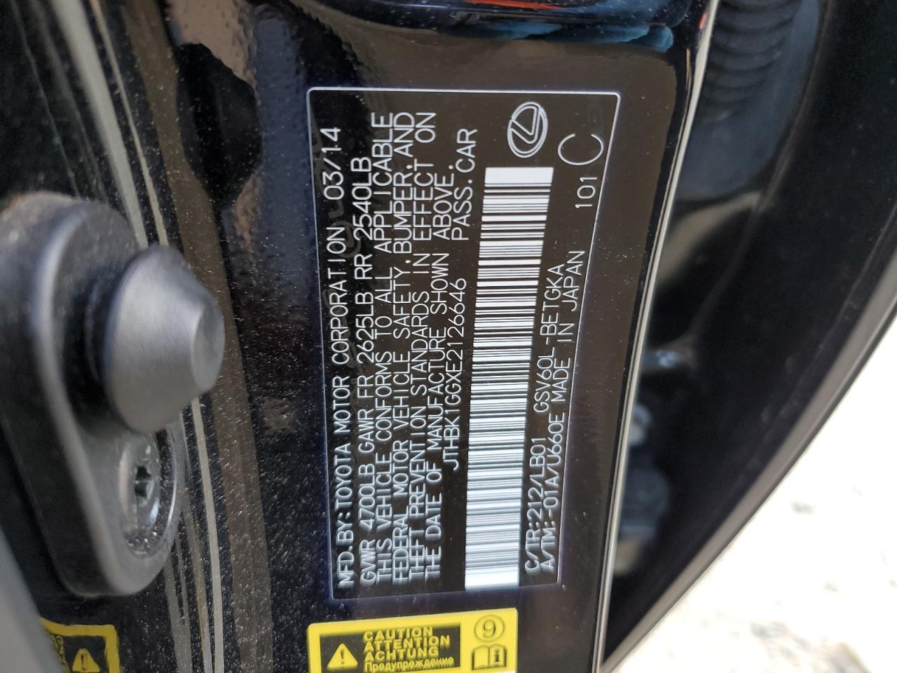 JTHBK1GGXE2126646 2014 Lexus Es 350