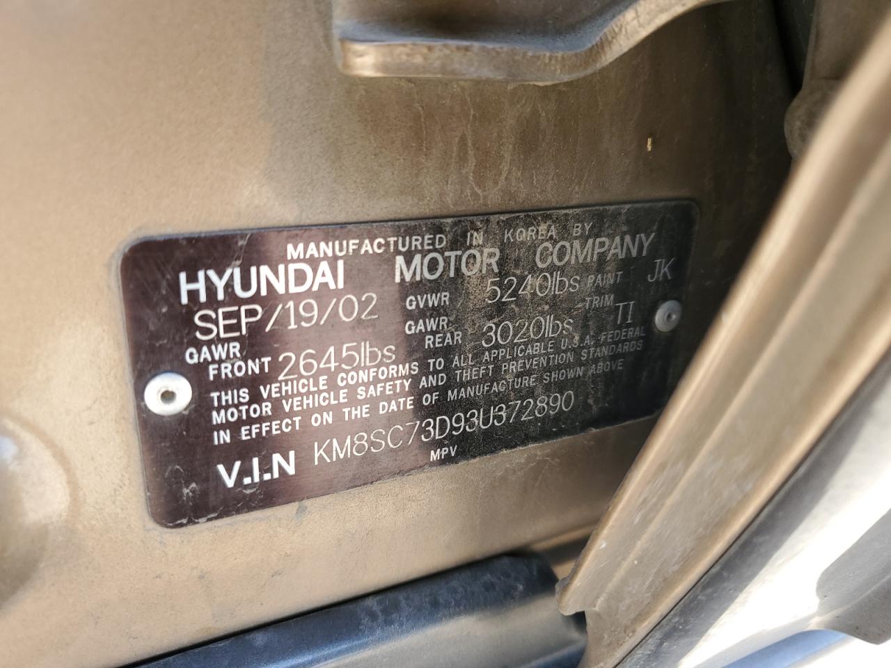 KM8SC73D93U372890 2003 Hyundai Santa Fe Gls