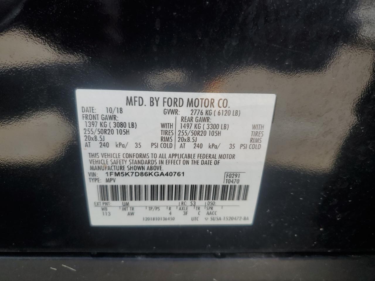 1FM5K7D86KGA40761 FORD EXPLORER 2019