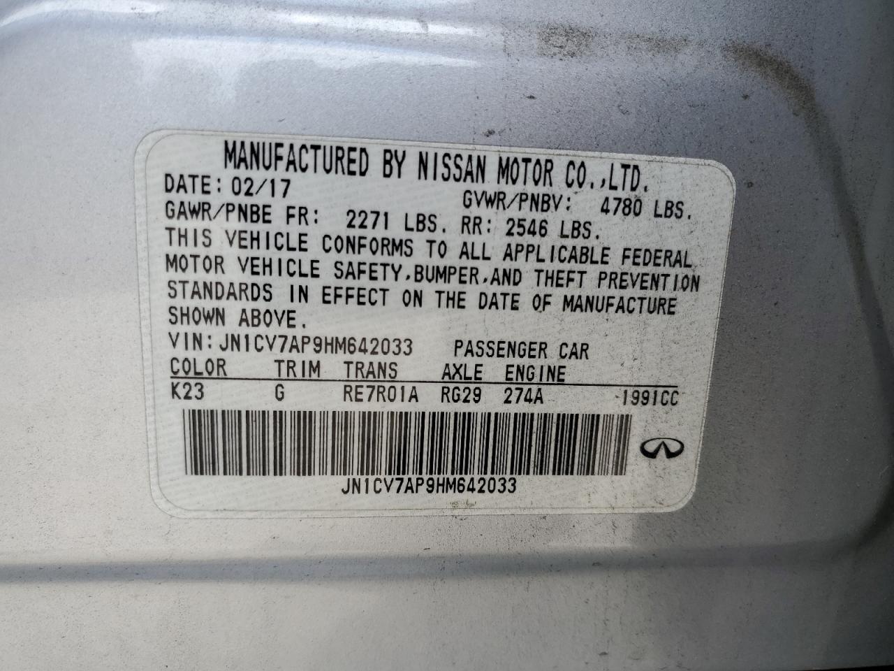 JN1CV7AP9HM642033 2017 Infiniti Q50 Base