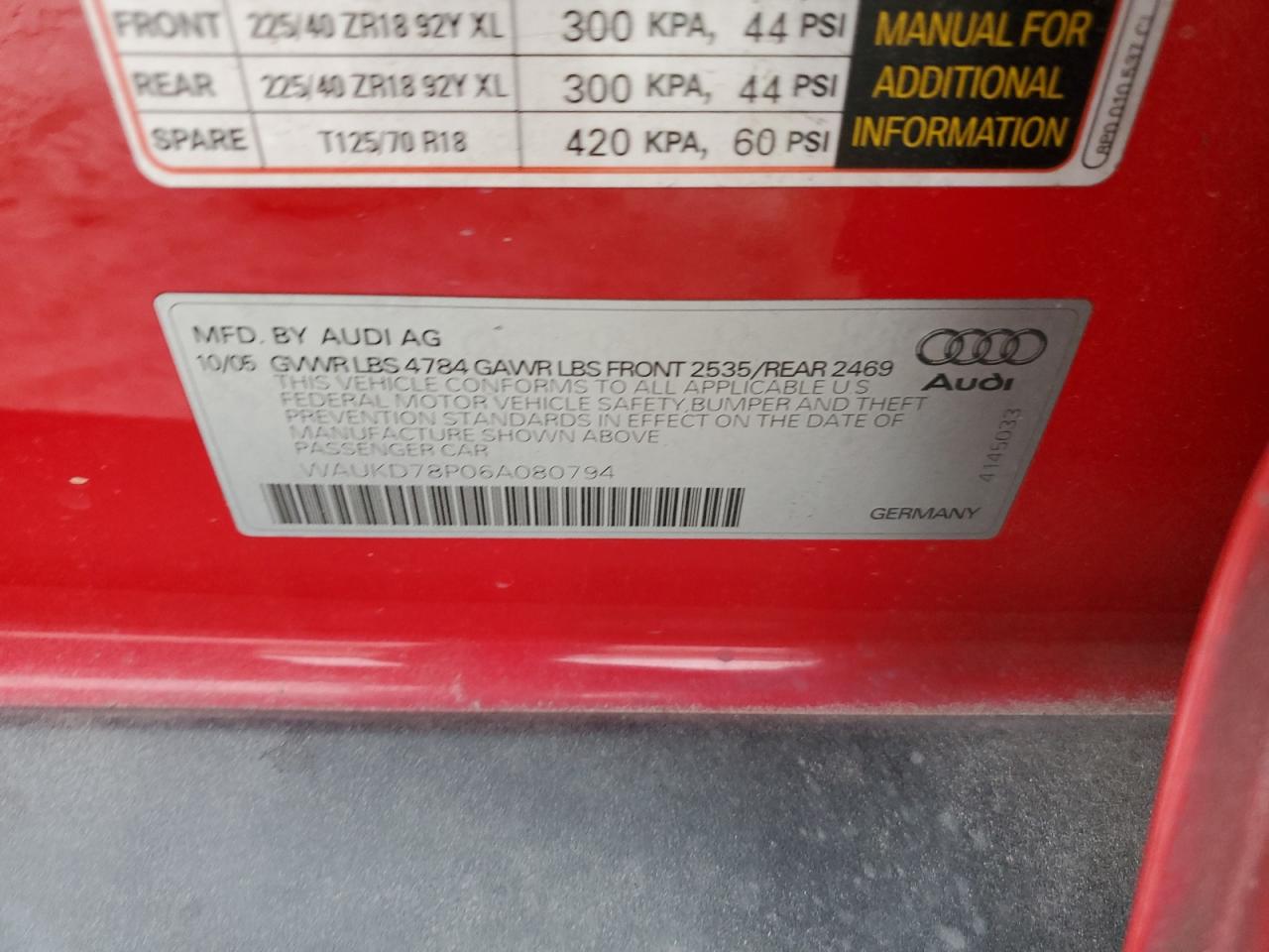 WAUKD78P06A080794 2006 Audi A3 S-Line 3.2 Quattro