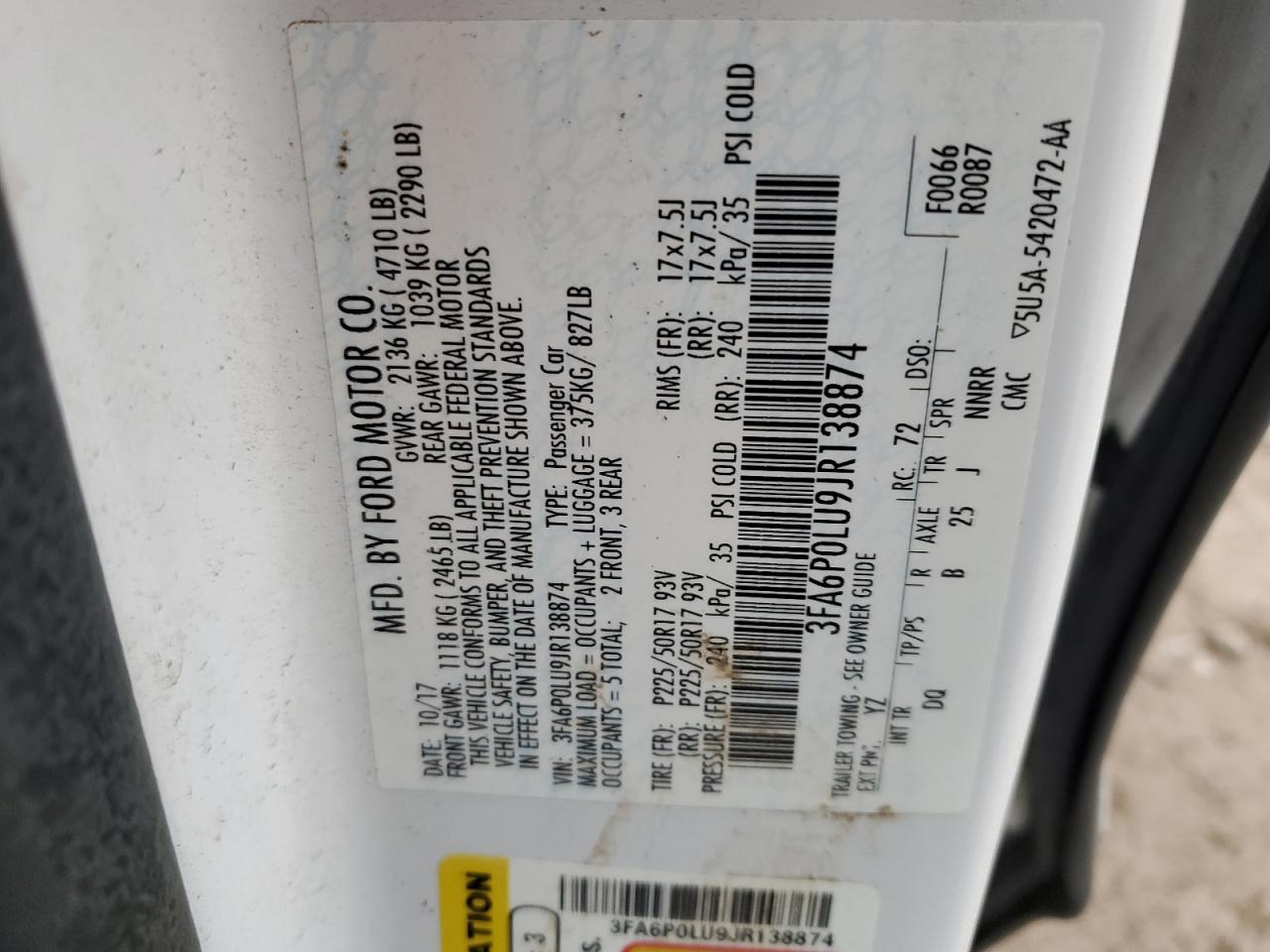 3FA6P0LU9JR138874 FORD FUSION 2018