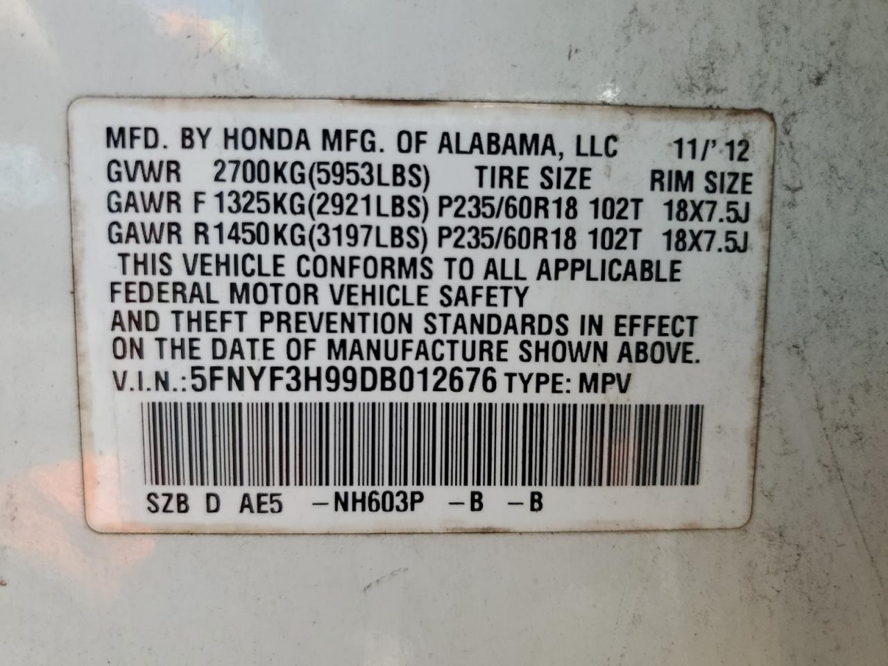 5FNYF3H99DB012676 2013 Honda Pilot Touring