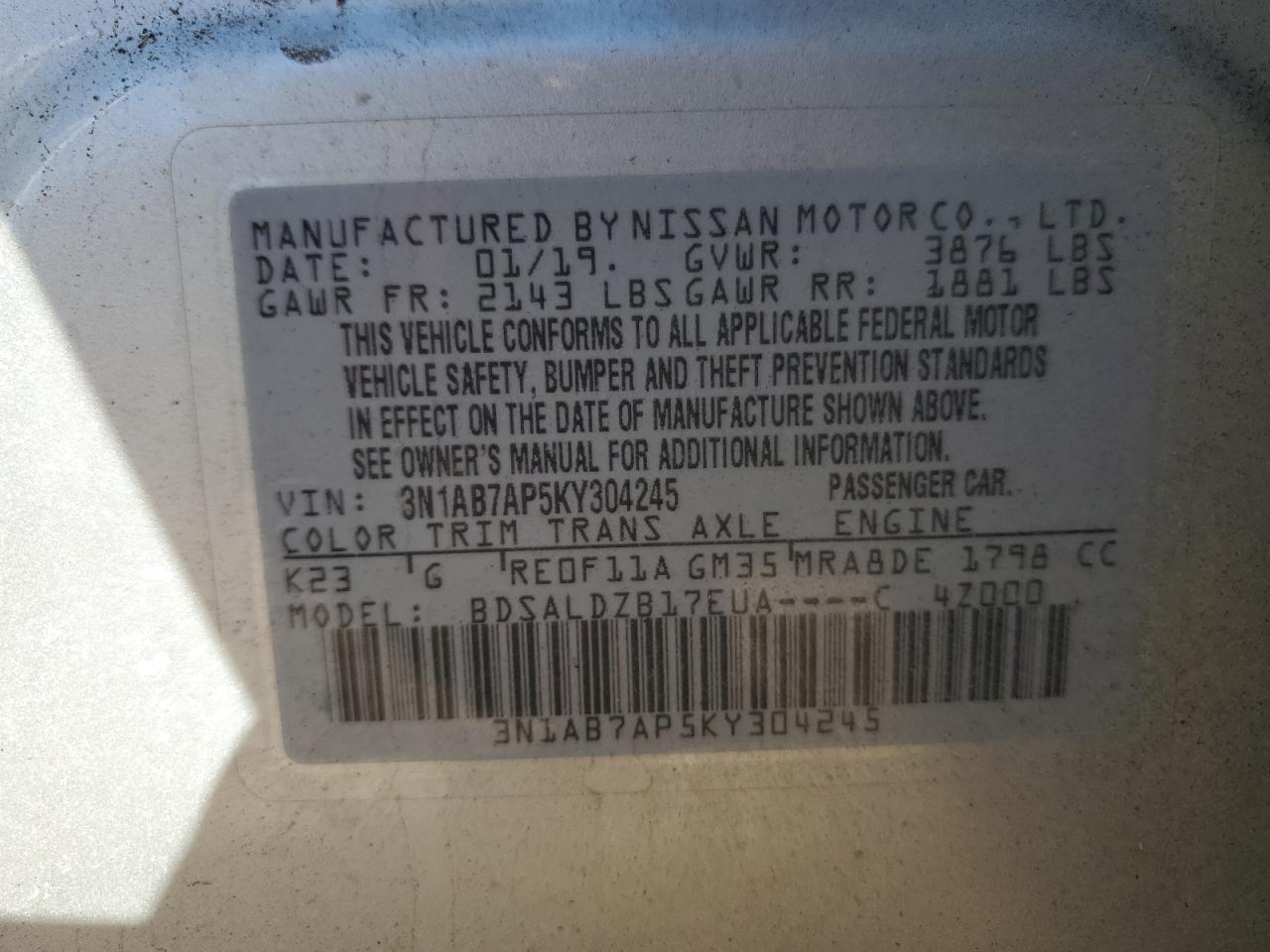 3N1AB7AP5KY304245 2019 Nissan Sentra S