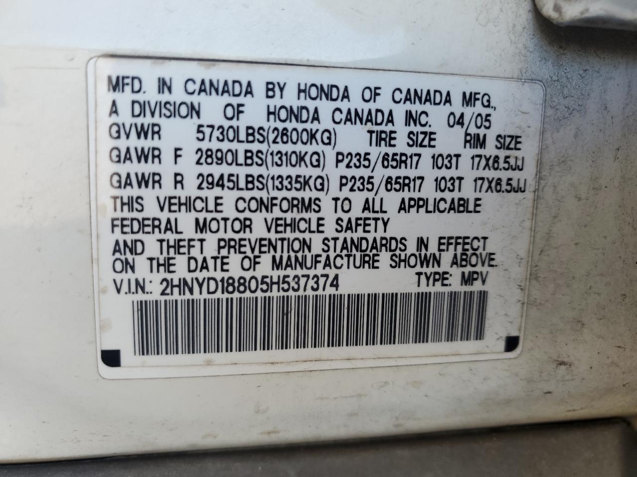 2HNYD18805H537374 2005 Acura Mdx Touring