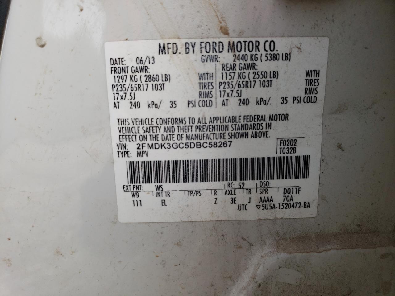 2FMDK3GC5DBC58267 2013 Ford Edge Se