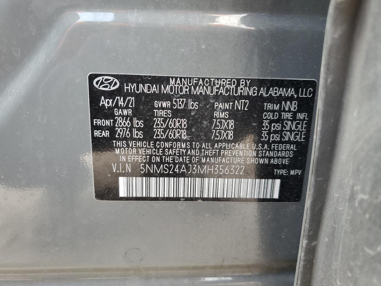 5NMS24AJ3MH356322 2021 Hyundai Santa Fe Sel