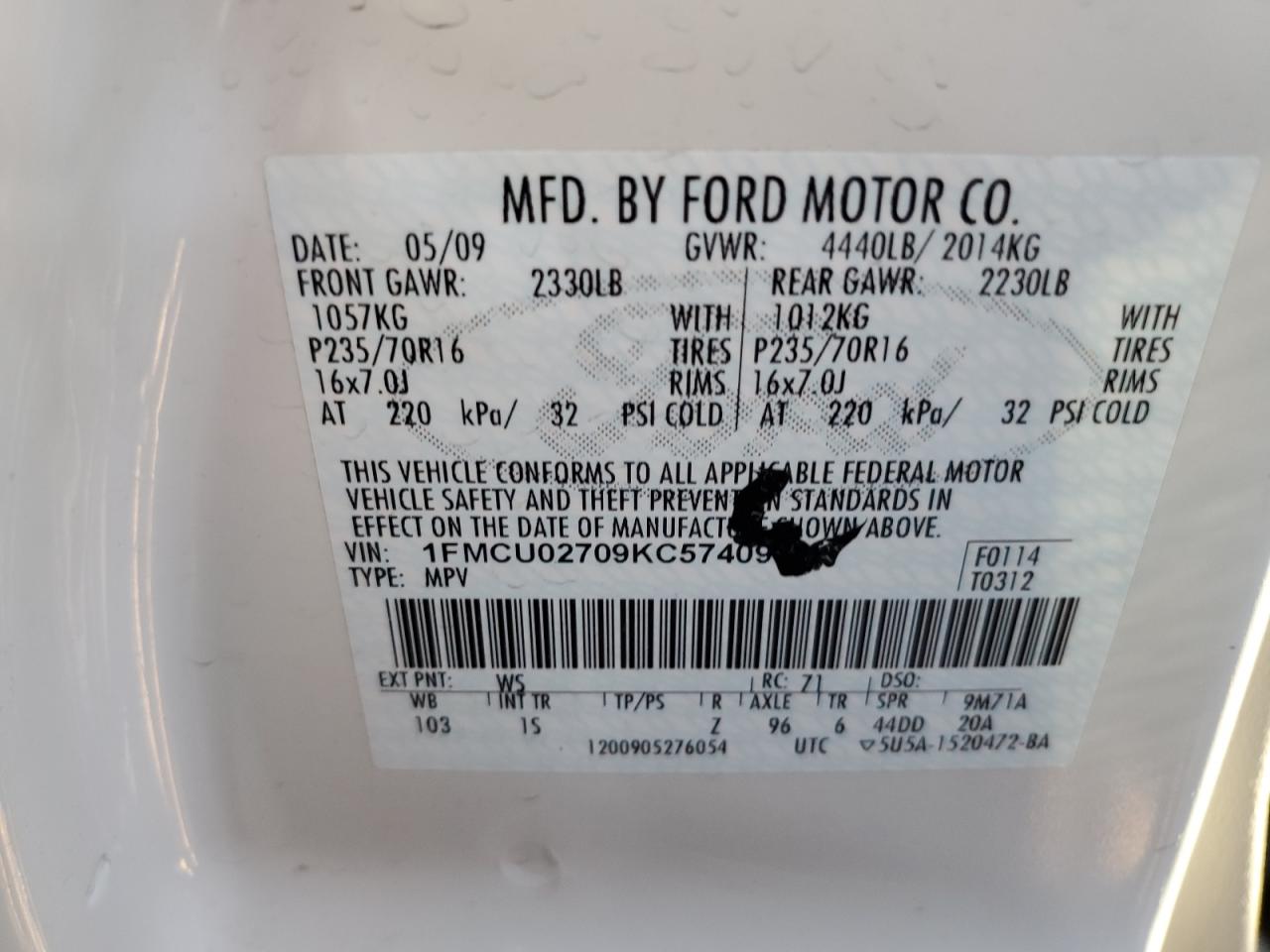 1FMCU02709KC57409 2009 Ford Escape Xls