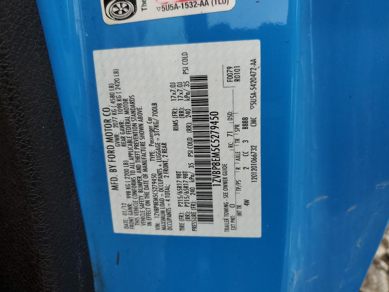 1ZVBP8EM5C5279450 2012 Ford Mustang