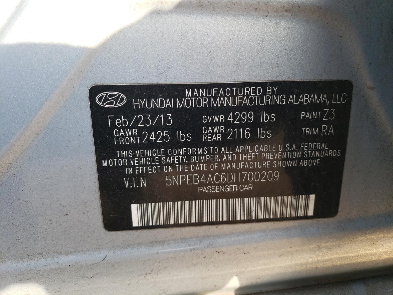 5NPEB4AC6DH700209 2013 Hyundai Sonata Gls