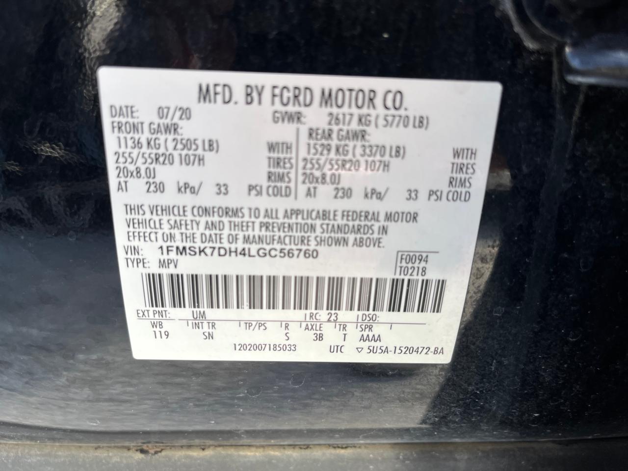 VIN: 1FMSK7DH4LGC56760 2020 FORD EXPLORER