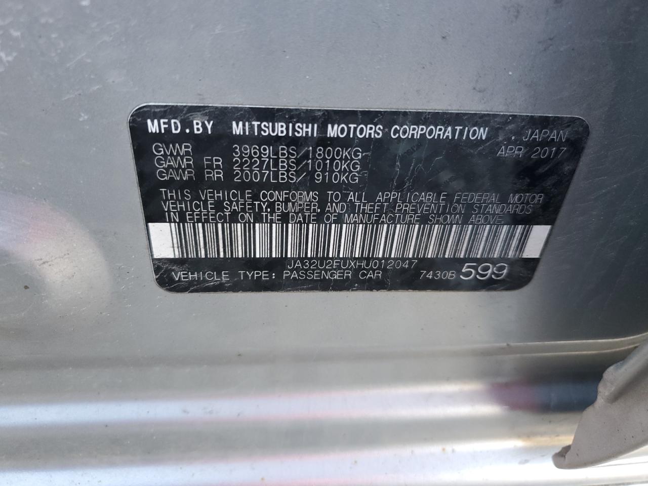 JA32U2FUXHU012047 2017 Mitsubishi Lancer Es