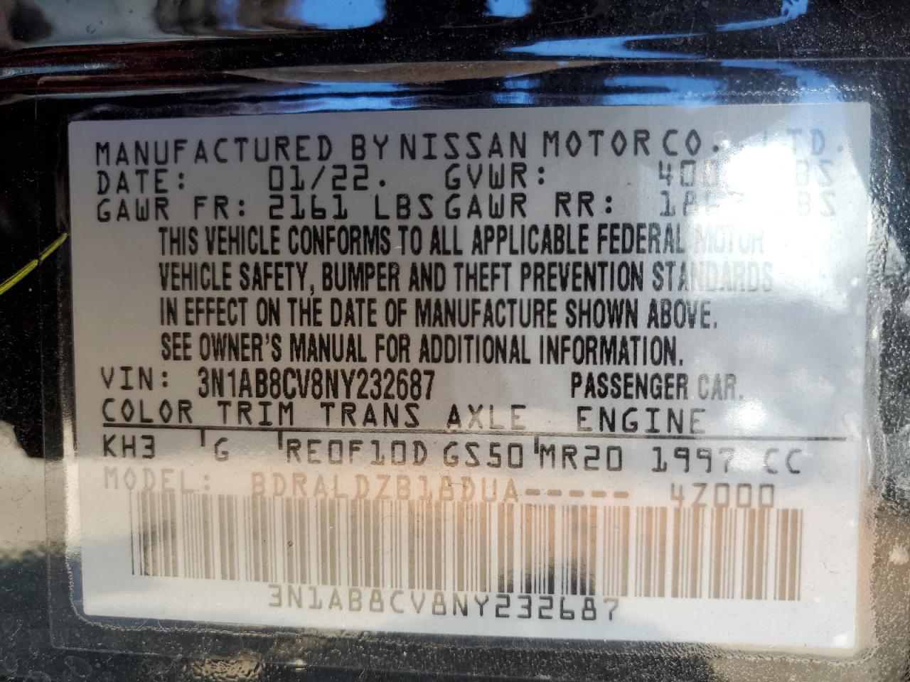 3N1AB8CV8NY232687 2022 Nissan Sentra Sv