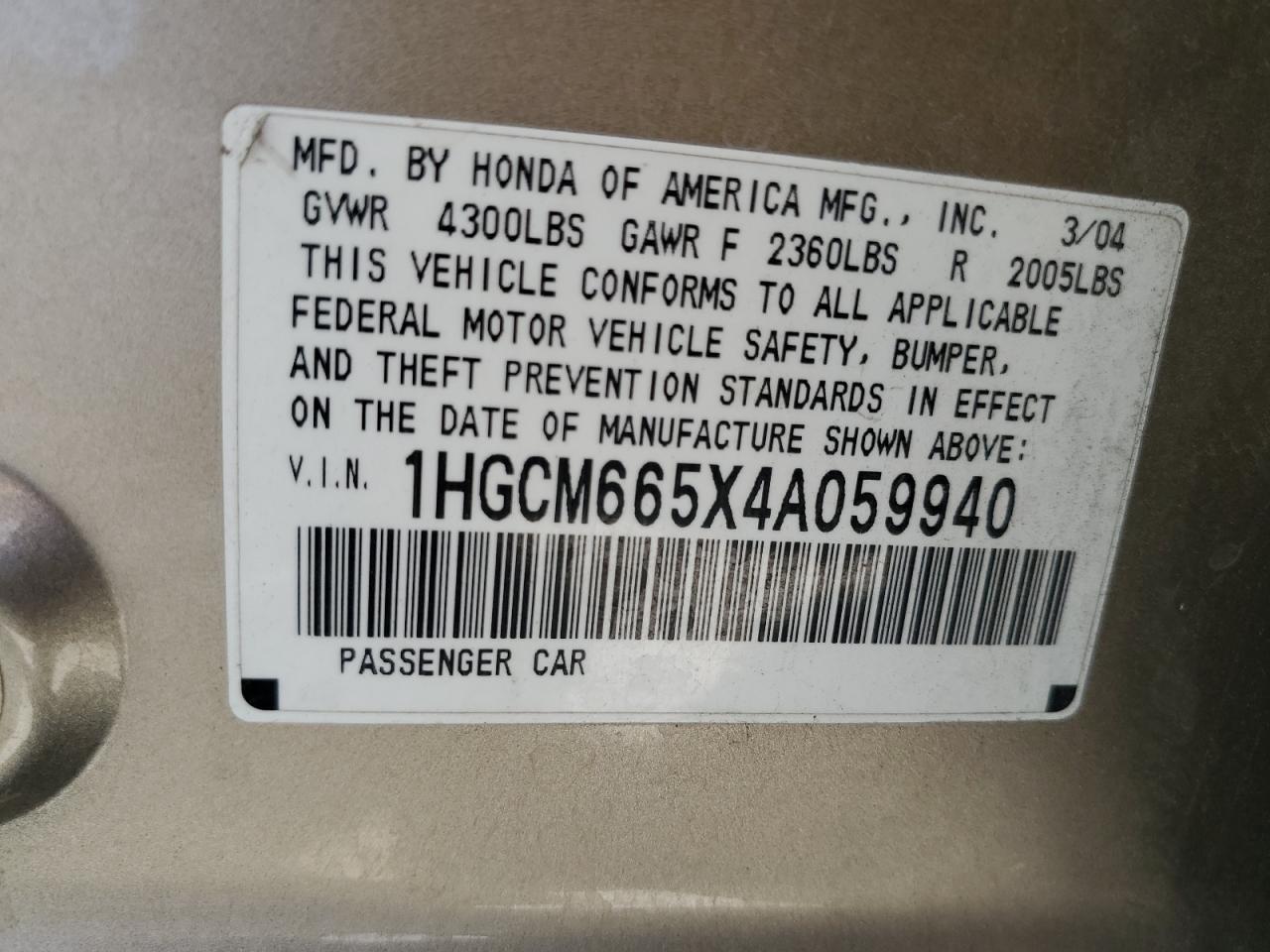 1HGCM665X4A059940 2004 Honda Accord Ex