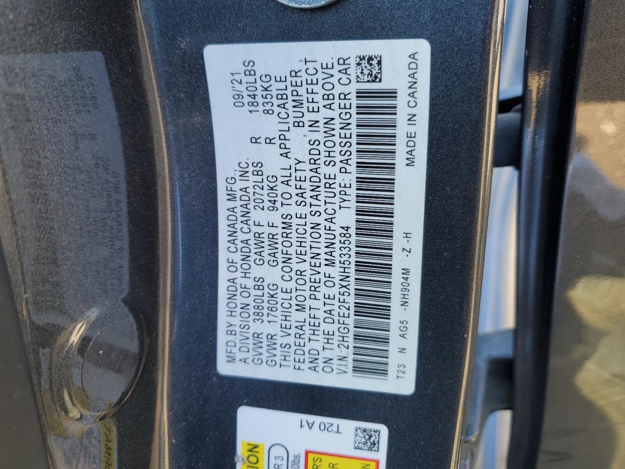 2HGFE2F5XNH533584 HONDA CIVIC 2022