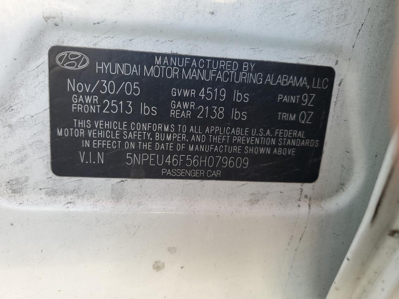 5NPEU46F56H079609 2006 Hyundai Sonata Gls