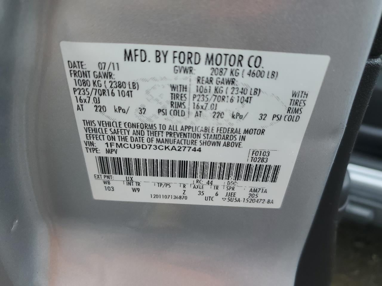 1FMCU9D73CKA27744 2012 Ford Escape Xlt