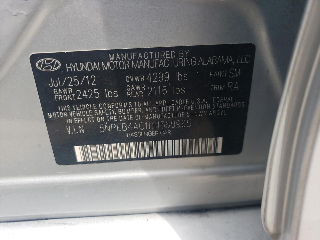 5NPEB4AC1DH569965 2013 Hyundai Sonata Gls