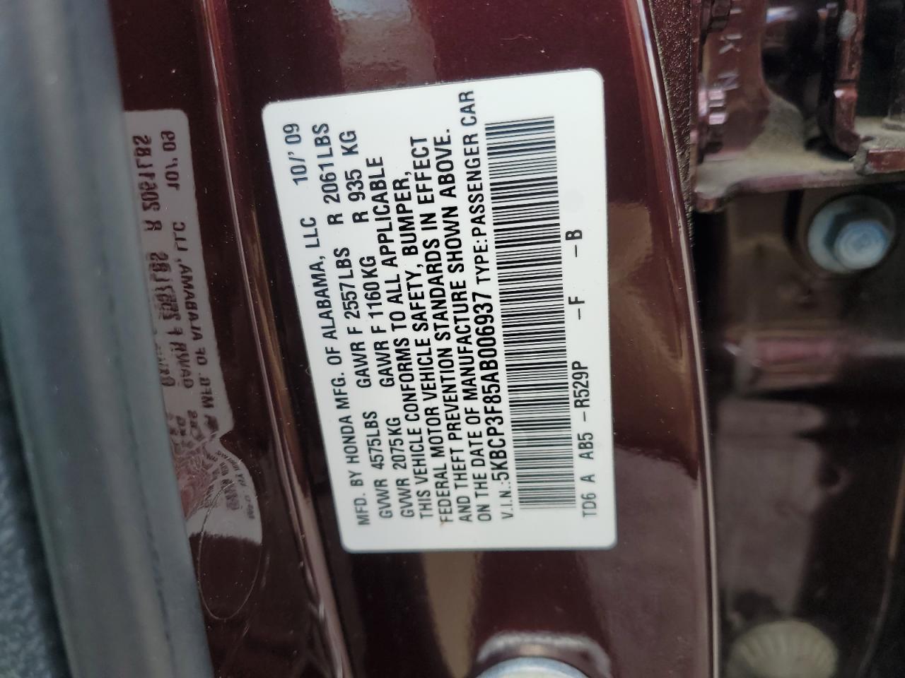 5KBCP3F85AB006937 2010 Honda Accord Exl