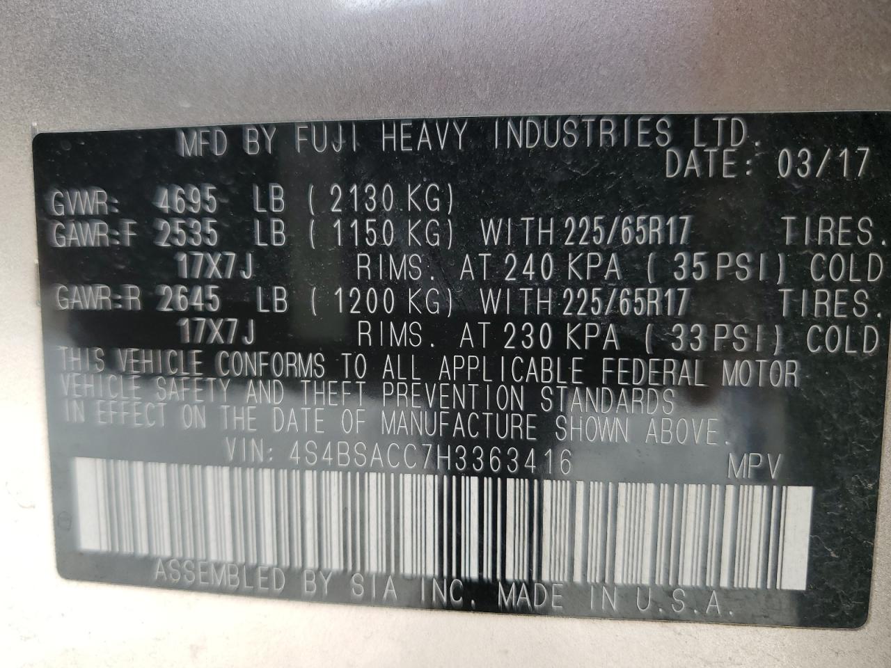 4S4BSACC7H3363416 2017 Subaru Outback 2.5I Premium