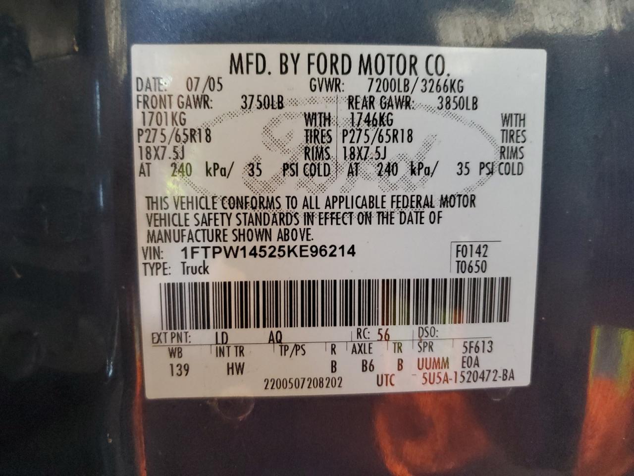 1FTPW14525KE96214 2005 Ford F150 Supercrew