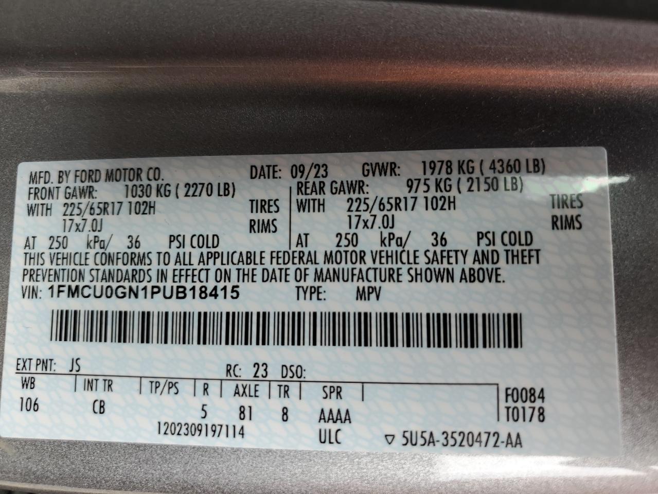 1FMCU0GN1PUB18415 FORD ESCAPE ACT 2023