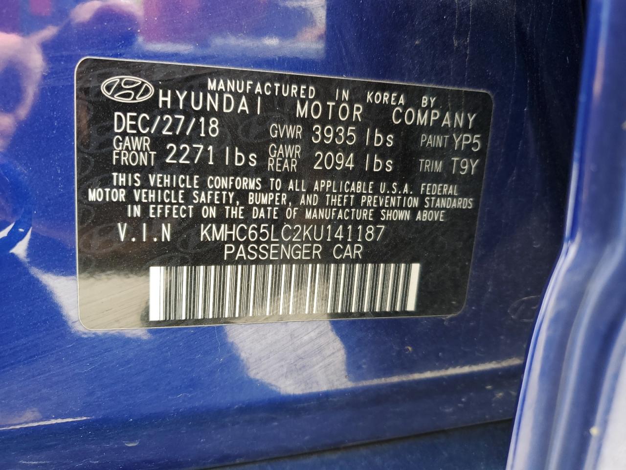 KMHC65LC2KU141187 2019 Hyundai Ioniq Blue