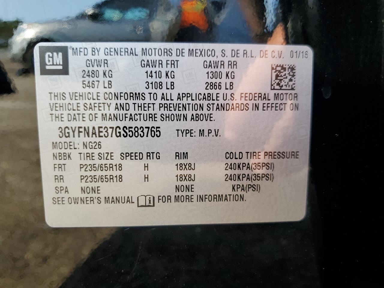 3GYFNAE37GS583765 2016 Cadillac Srx