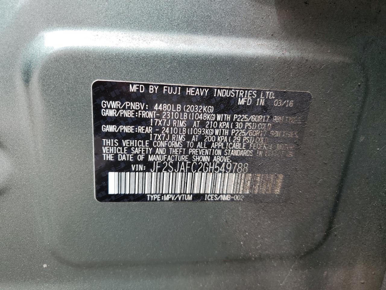 JF2SJAFC2GH549788 2016 Subaru Forester 2.5I Premium