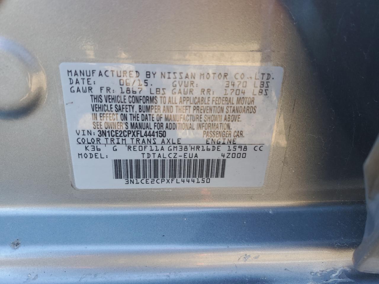 3N1CE2CPXFL444150 2015 Nissan Versa Note S