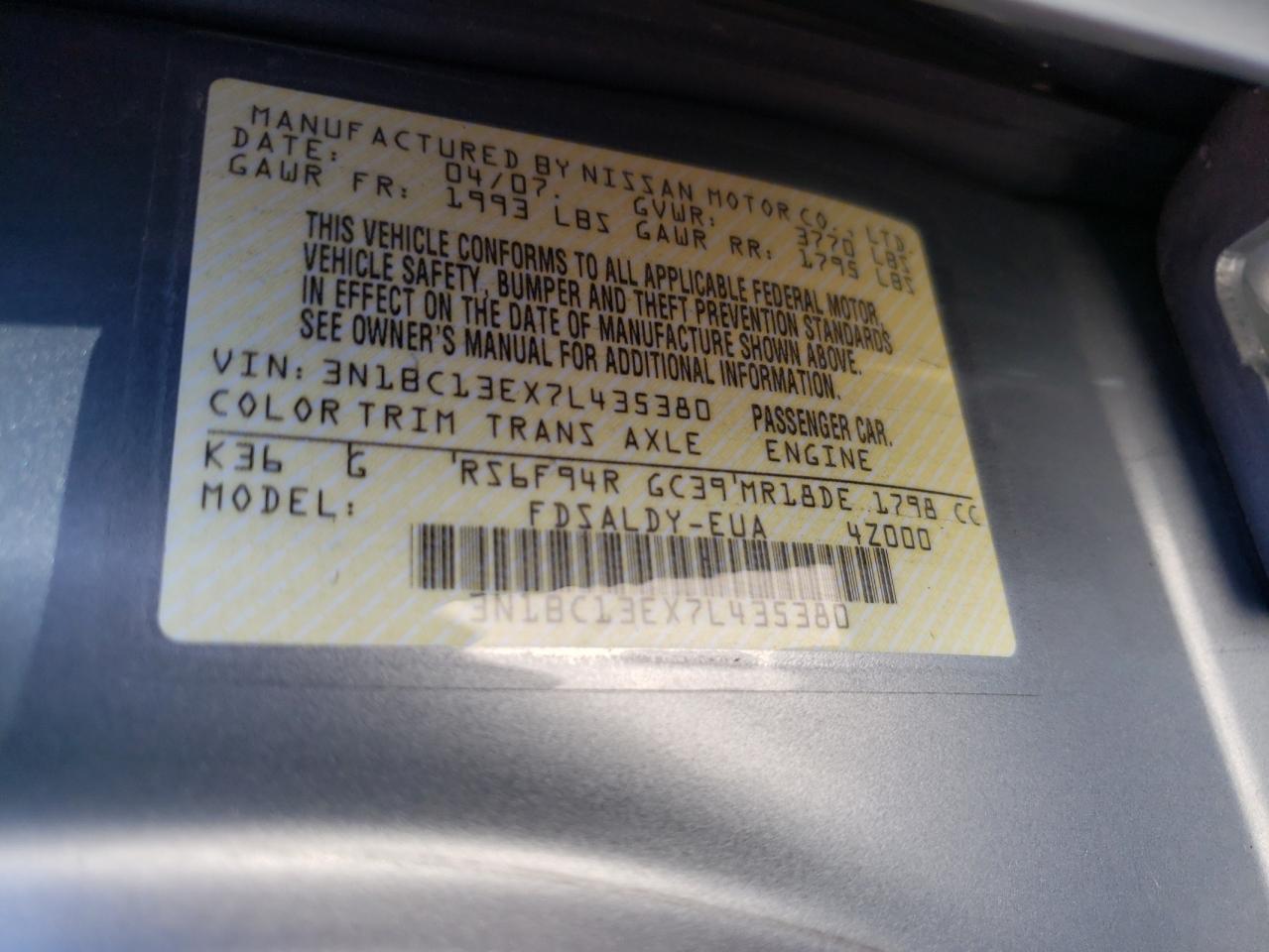 3N1BC13EX7L435380 2007 Nissan Versa S