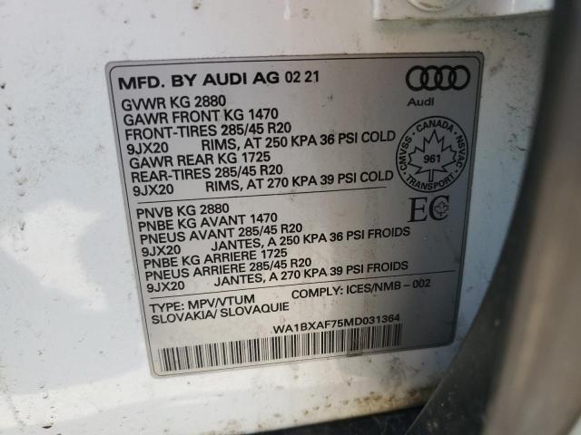 2021 Audi Q7 Komfort VIN: WA1BXAF75MD031364 Lot: 52583084