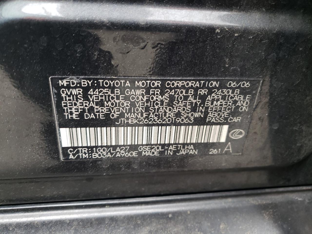 JTHBK262362019063 2006 Lexus Is 250