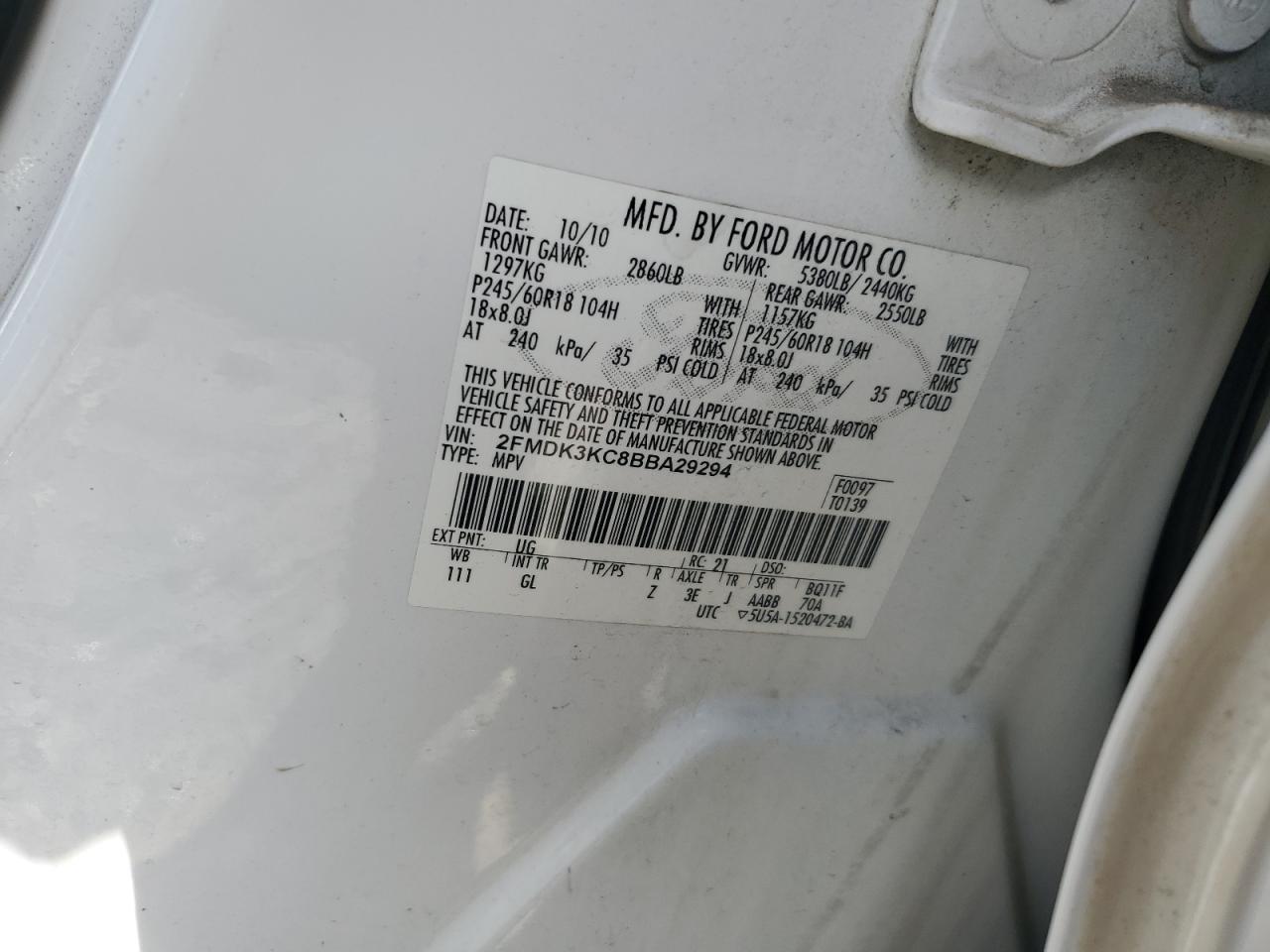 2FMDK3KC8BBA29294 2011 Ford Edge Limited