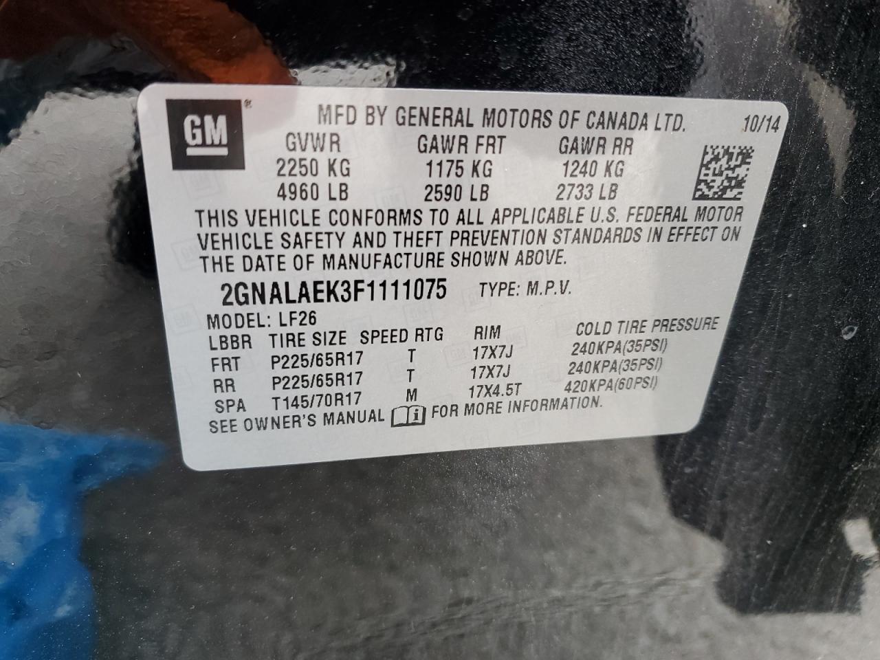 2GNALAEK3F1111075 2015 Chevrolet Equinox Ls