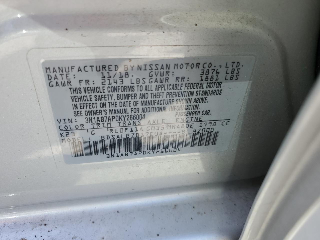 3N1AB7AP0KY266004 2019 Nissan Sentra S