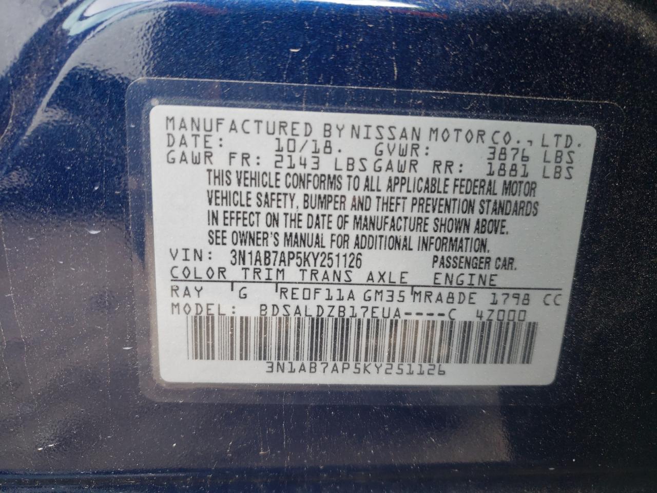 3N1AB7AP5KY251126 2019 Nissan Sentra S